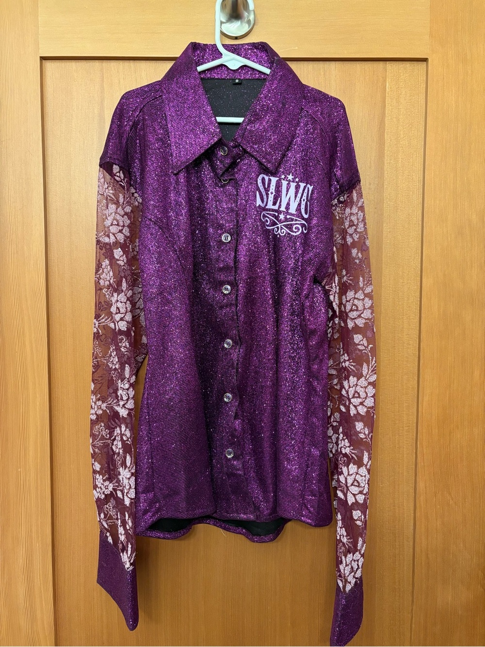 Purple Glitter Button-Up Shirt with Floral Mesh Sleeves